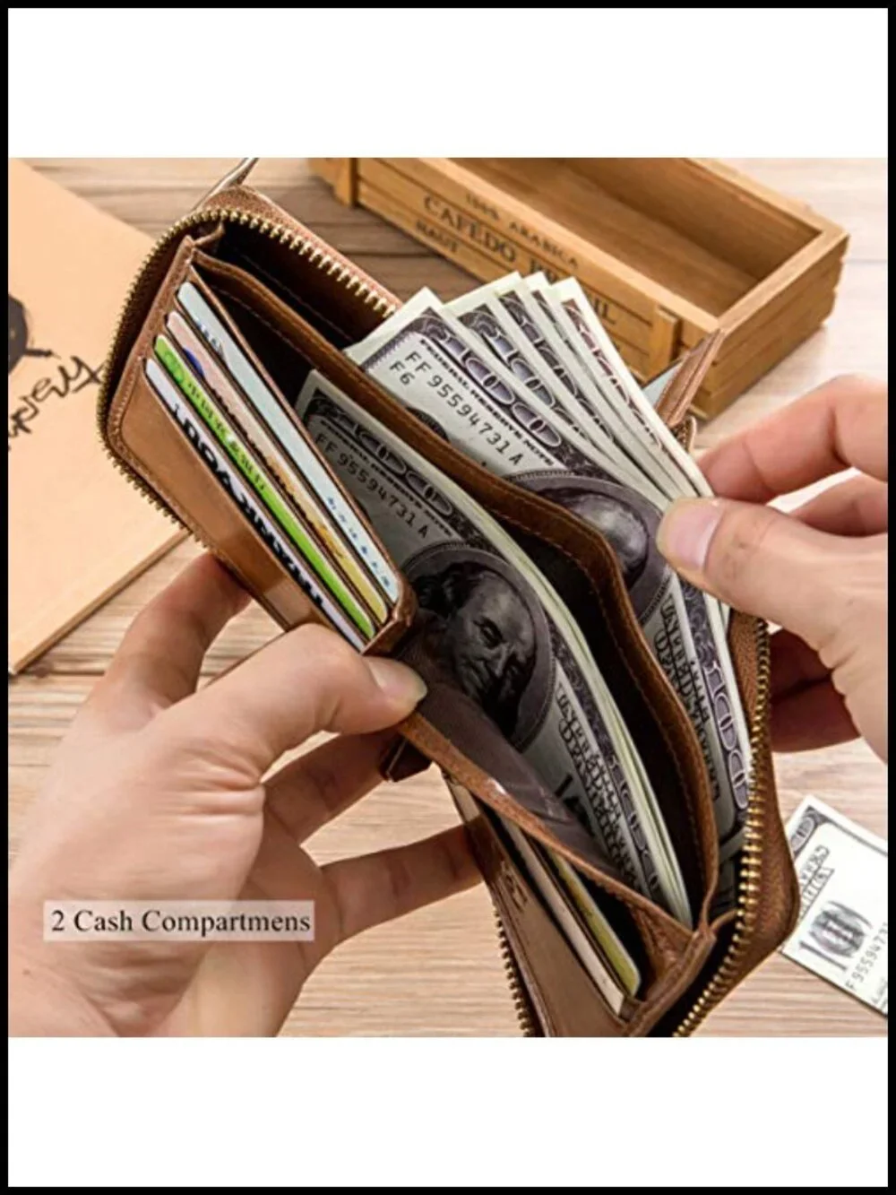 Genuine Leather Bifold Wallet with RFID Blocking, Zipper Coin Pocket